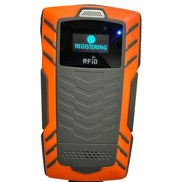 The JWM handheld patrol reader, powered on